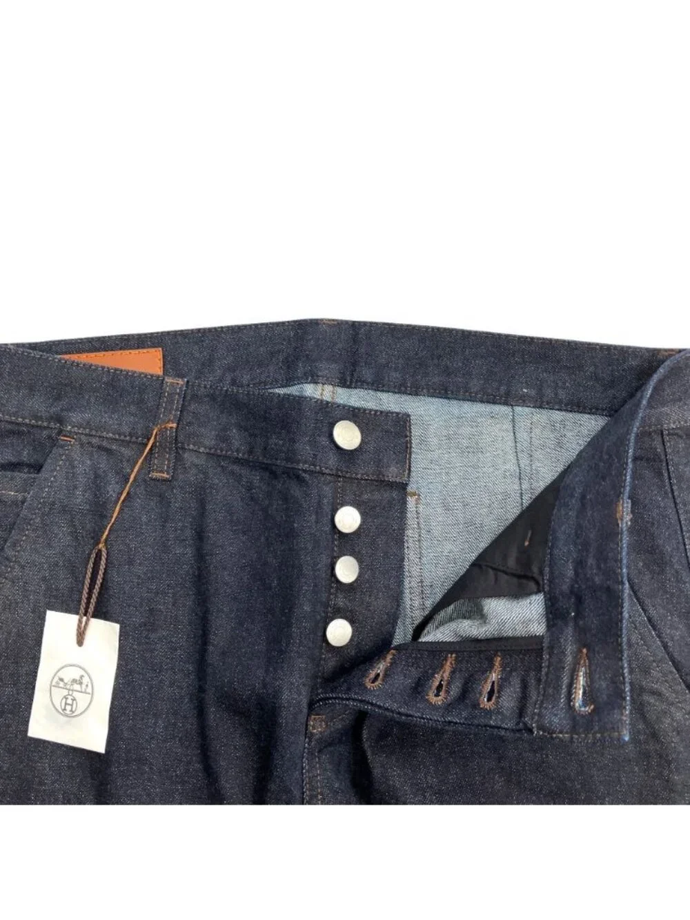 Hermes Denim Pants Jeans Sellier Button Fly Leather Patch Indigo 42
